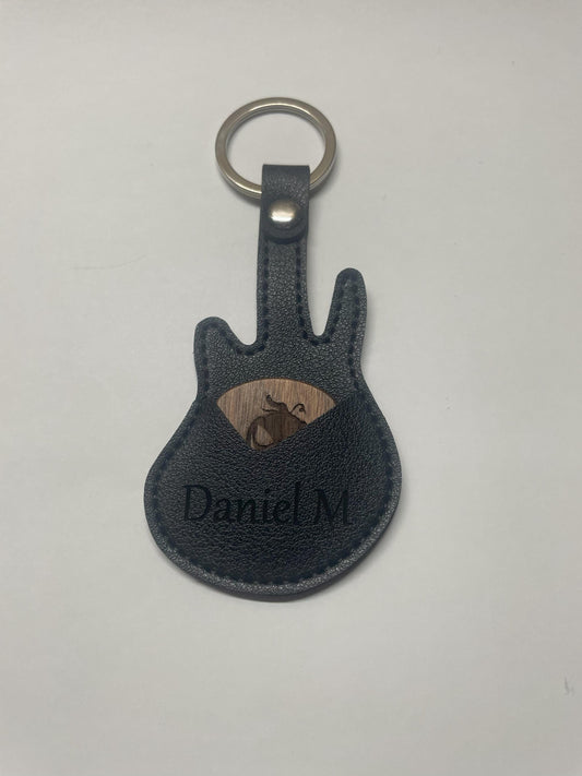 Personalized Guitar-Shaped Keychain Holder with Wooden Pick